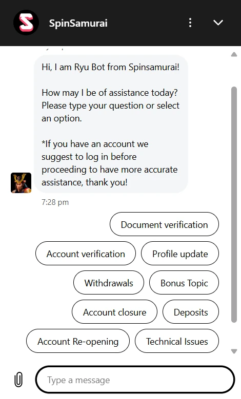 Spin Samurai support page with the live chat window