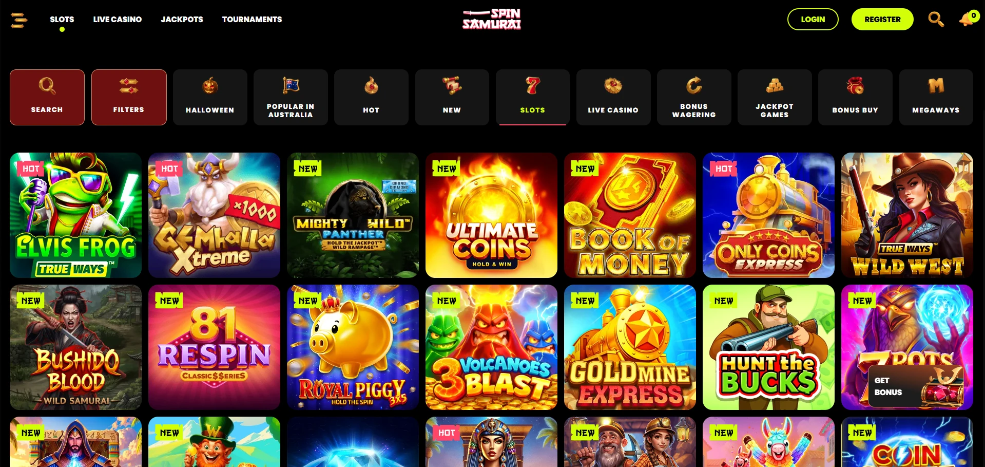 Spin Samurai games lobby with rows of game thumbnails