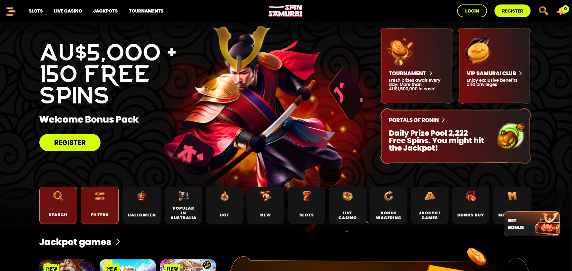 Spin Samurai Casino home page on desktop