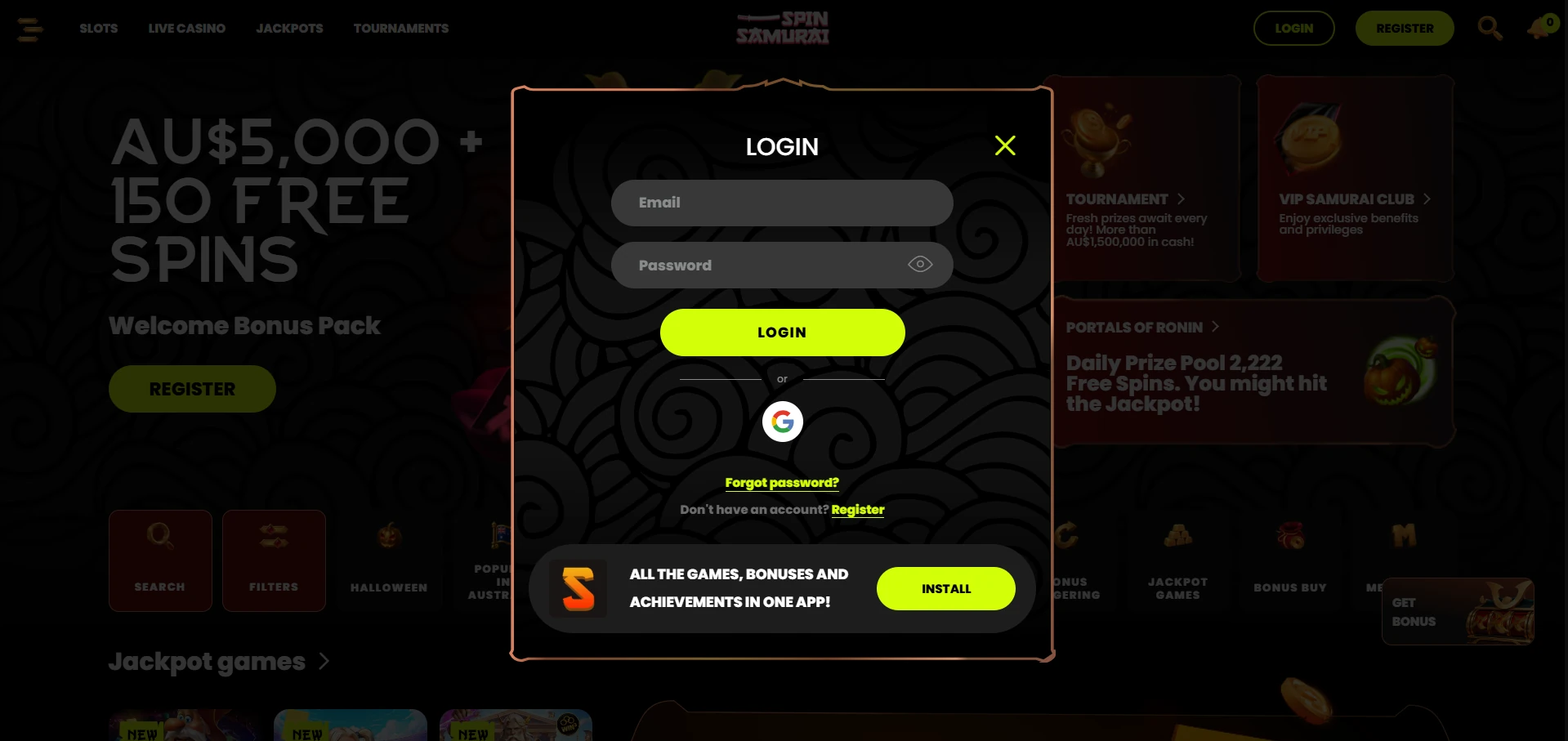 Spin Samurai login form with email and password fields